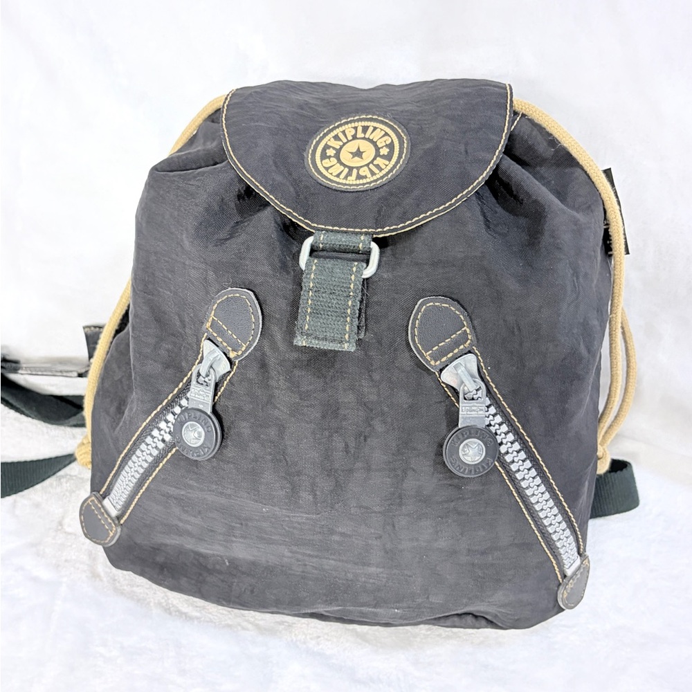 KIPLING Vintage 1990's Black Drawstring Backpack Bag 12x12 Adjustable Straps